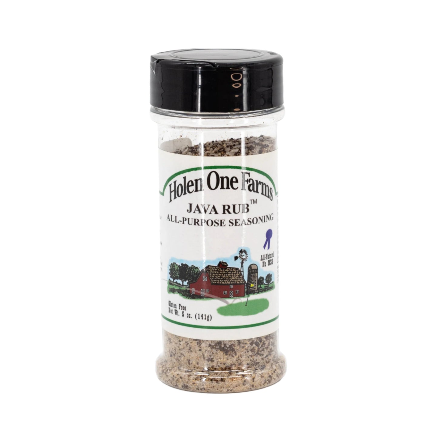 A bottle of Holen One Farms Java Rub and Seasoning, 5 oz size, with a label featuring the farm and a description of the product as an all-purpose seasoning.