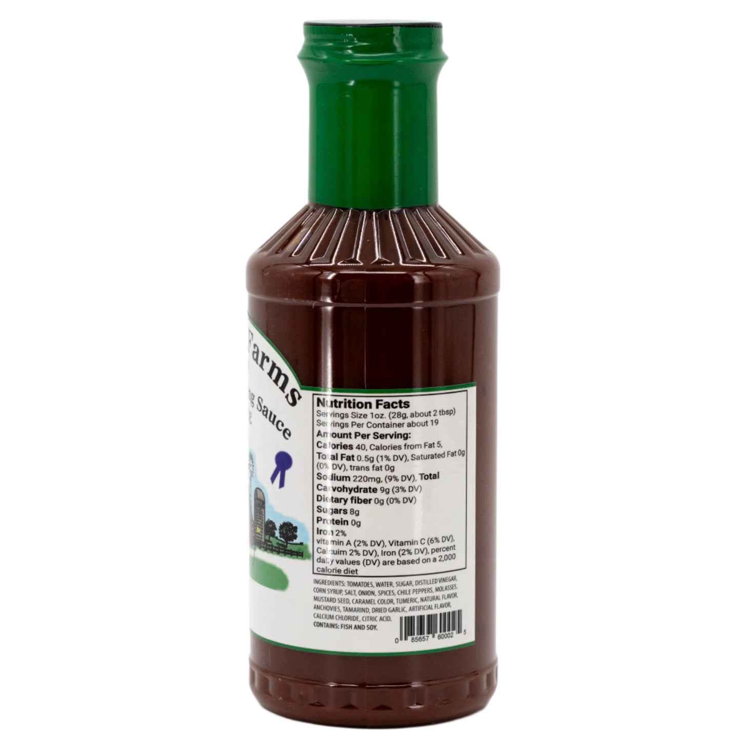 Bottle of sauce with a green cap on a white background