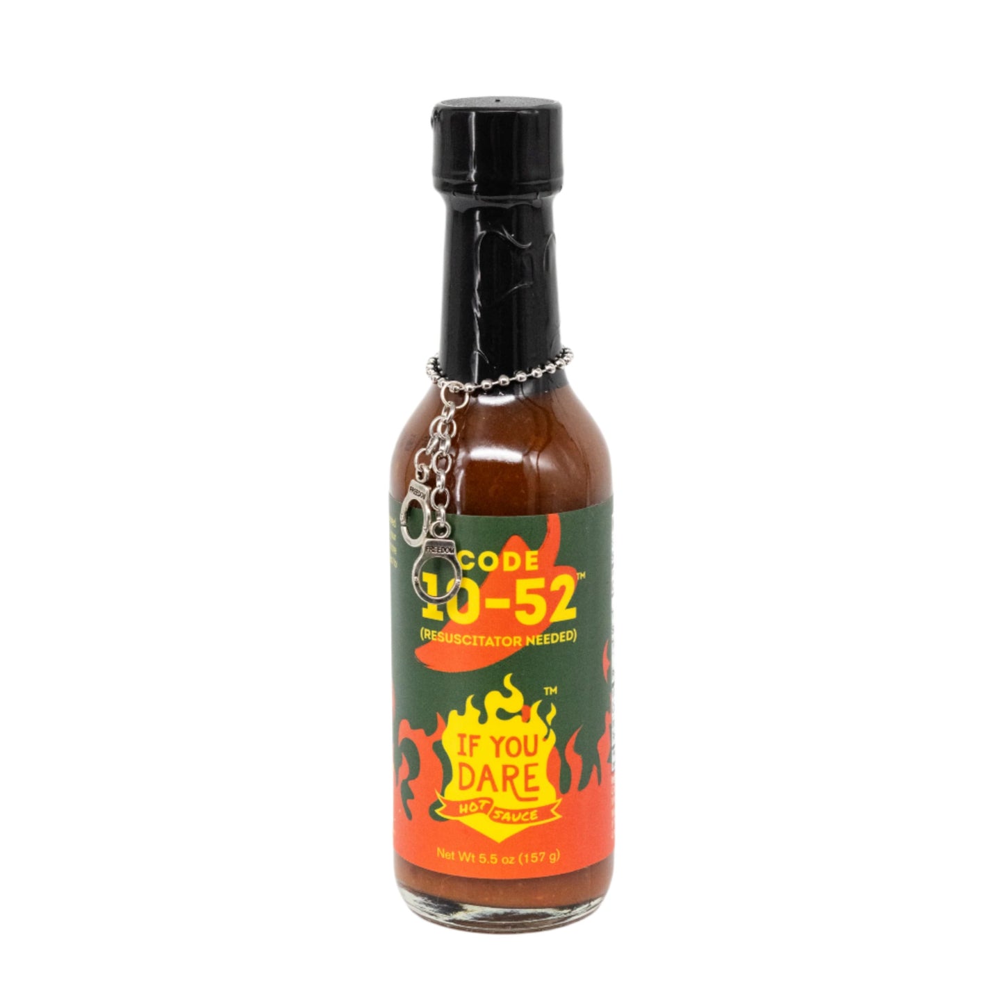 A bottle of Code 10-52 hot sauce with an extreme heat level label, indicating it's made by If You Dare Foods. The bottle is 5 oz.