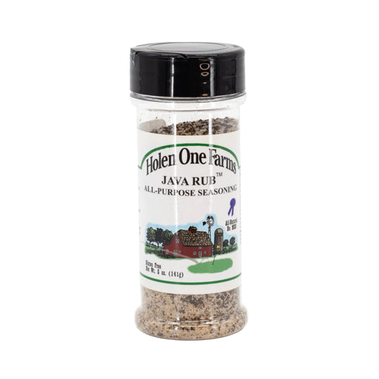 A bottle of Holen One Farms Java Rub and Seasoning, 5 oz size, with a label featuring the farm and a description of the product as an all-purpose seasoning.