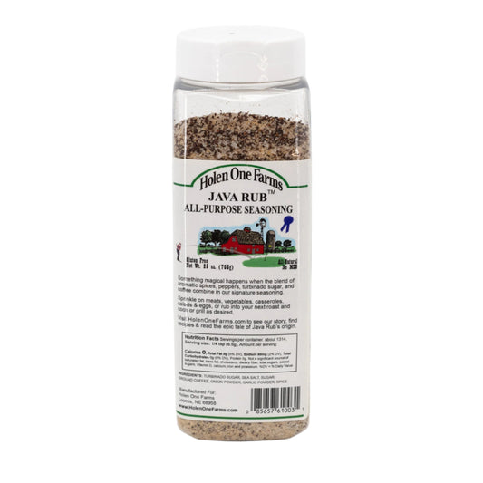 A 25 oz. bottle of Java Rib and Roast Rub by Holen One Farms, with a label showing the product name and a brief description.