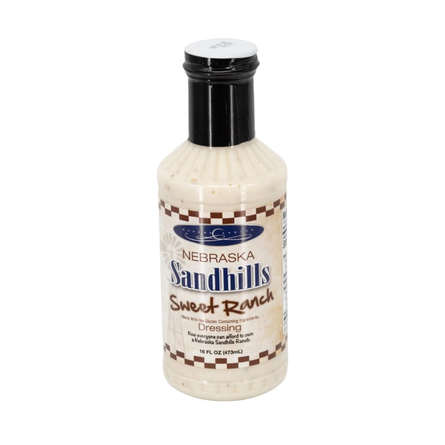 A bottle of Nebraska Sandhills Sweet Ranch Dressing by Baker's Candies with a checkered pattern on the label.
