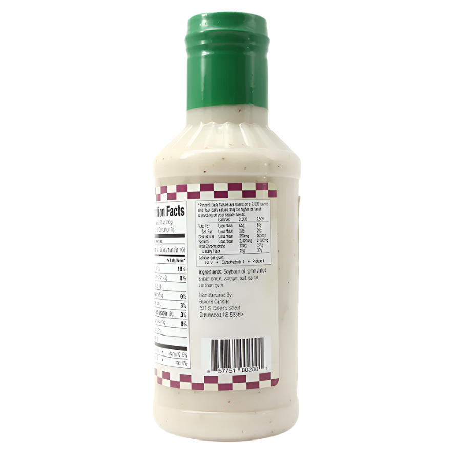 Side of Baker's Candies 16oz Sandhills Sweet Onion Gluten Free Ranch Salad Dressing with list of ingredients.