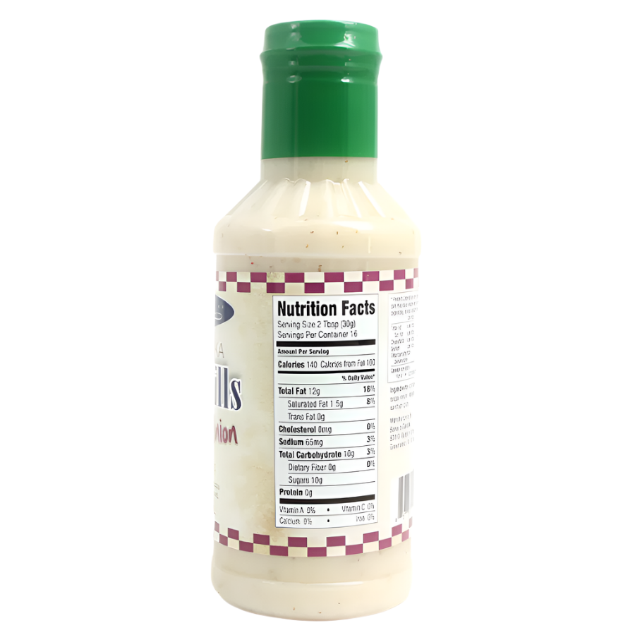 Baker's Candies 16oz Sandhills Sweet Onion Gluten Free Ranch Salad Dressing with Nutrition Facts Label.