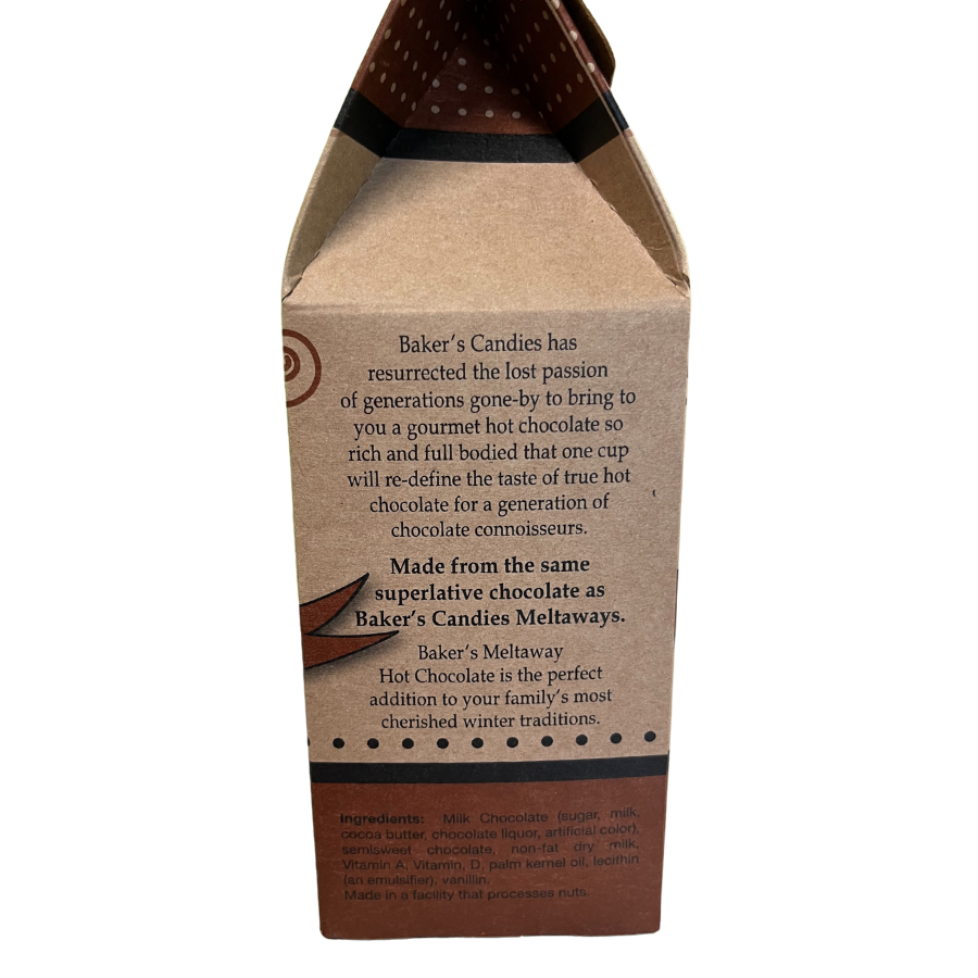 Baker's Candies 14 oz Meltaways Hot Chocolate side view describing the reason for making and the product, Ingredients found at the bottom.
