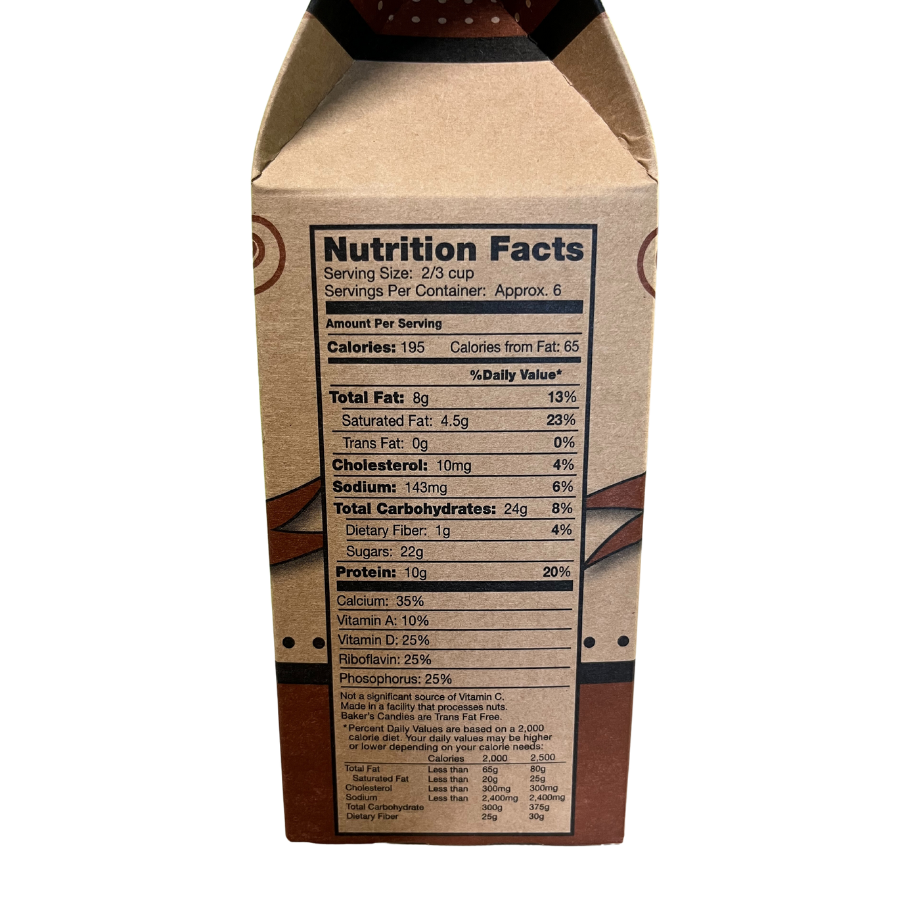 Side of Baker's Candies 14oz Meltaways Hot Chocolate with Nutrition Facts. 